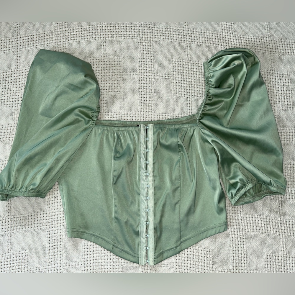 Nasty Gal Green Satin Puff Sleeve Blouse